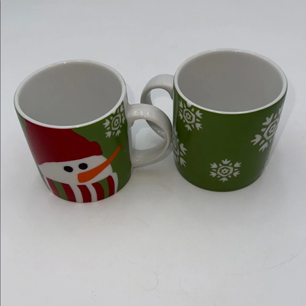 Crate&Barrel Snowman Holiday Mugs - Red, Green, White - set of 2